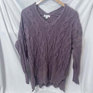 Tres Chic Chunky Cable Knit V Neck Tunic Sweater Large Heather Purple EUC